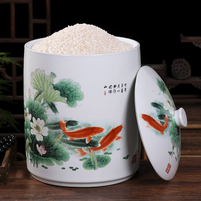 陶磁器の米のかめの家庭用の蓋付きの斤の米の桶の密封の缶の米の箱の斤の小麦粉の桶の防虫|undefined