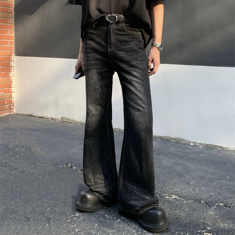 American retro gradiente lavado skinny jeans moda de los hombres de moda tie-teñido cintura alta suelta pierna ancha pantalones largos de moda