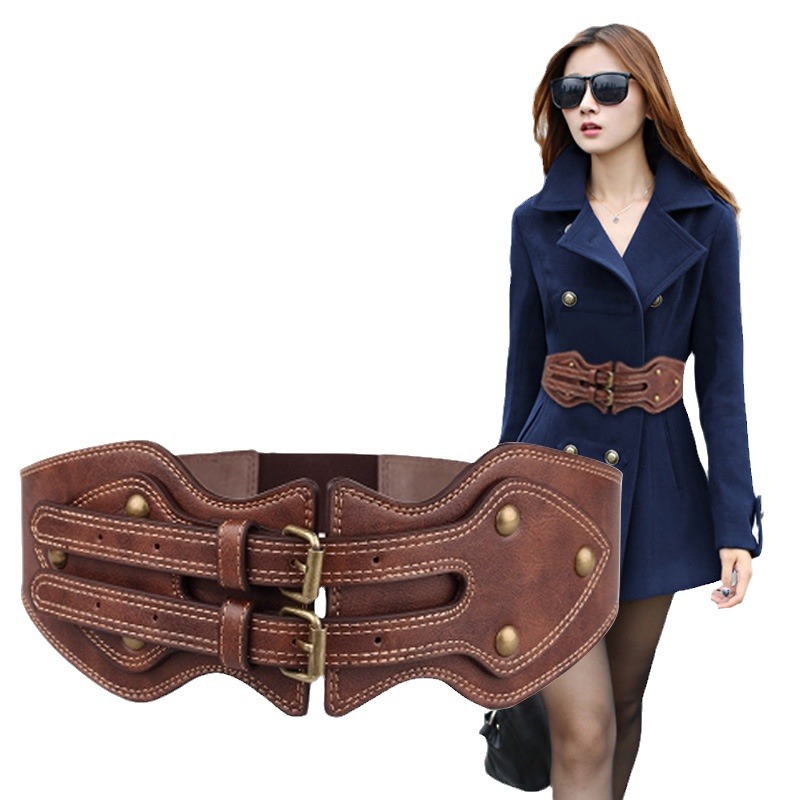 Cinto corset feminino em couro com fivela dupla elegante_voghion.com