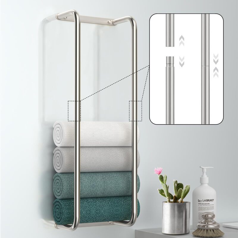 Wall-Mounted Brushed Stainless Steel Vertical Towel Rack with Dual Rods, Storage Rack for Bath Towels, Hotel No-Drill Installation Wall-Mounted Brushed Stainless Steel Vertical Towel Rack with Dual Rods, Storage Rack for Bath Towels, Hotel No-Drill Installation