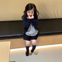 女童秋装套装2025新款儿童娃娃领衬衫洋气小童针织开衫黑色短裤潮