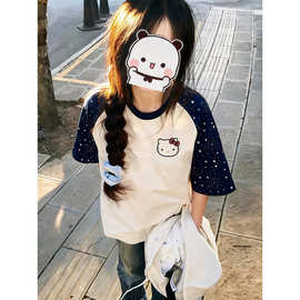 今年流行巨好看凯蒂猫短袖女甜酷学院风初高中生宽松撞色T恤上衣