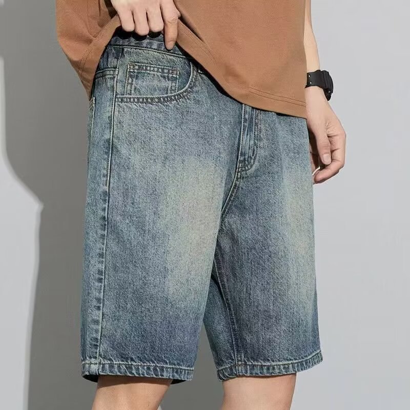 夏デニムショートパンツメンズ薄手ミッドパンツカジュアルカーゴショートパンツルーズストレートメンズウォッシュド5点ジーンズ