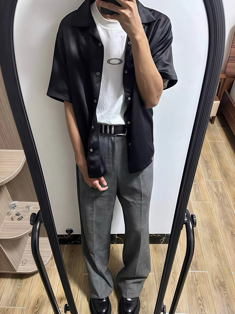 雾面皮纹理】醋酸混纺 冰丝垂坠 肌理感古巴领短袖衬衫 男款