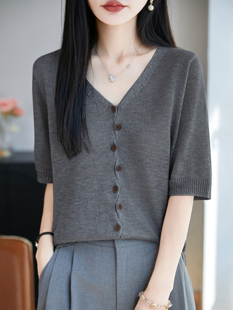 Áo thun nữ cổ V tay ngắn dệt kim phong cách Hàn Quốc, thiết kế đơn giản che khuyết điểm — Cam caramel chi tiết 6