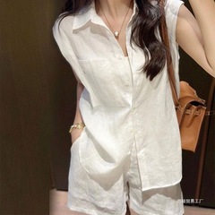 オールドマネースタイルリネンスーツ女性のシャツ夏の新しいファッション日焼け止め白綿とリネンシャツルーズワイドレッグショーツ