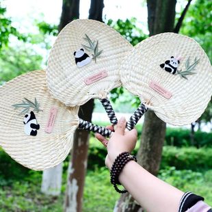 Summer hand fan new fresh cute fan embroidery panda flower flower decoration hand woven cattail leaf fan out fan