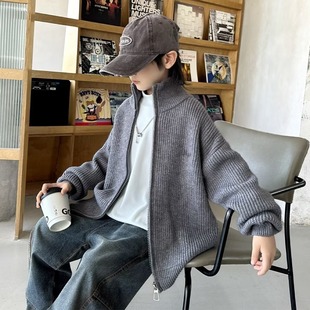 Spring 2024 New Arrival Korean Style Boys' All-Match Knitted Solid Color Cardigan Styline Sweater Trendy Top for Middle and Big Boys