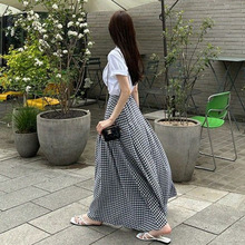 外贸女装韩国东大门新款淑女松紧高腰宽松休闲格子半身长裙