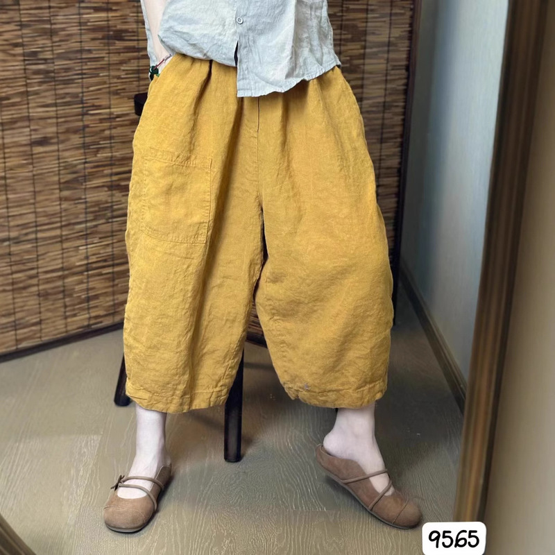 Artistic Retro Solid Color Linen Elastic Waist Harem Pants for Women 2026 Summer New Loose Plus-Size Cropped Pants