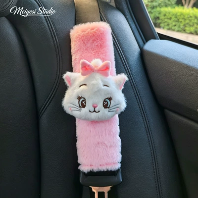 Seat belt shoulder pad Cat Plush Anti-Neck-Strangling Car Seatbelt - ml-cat-eyes-open-cat-head-pink-bunny-fur-single-pack