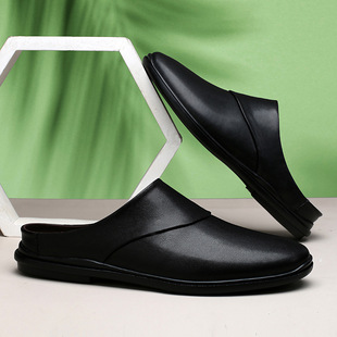 Cross-Border Large Size Toe-Toe Men's Shoes, Low-Cut Slip-On Half-Slip Leather Shoes, Men's Flat-Soled Slip-On Casual Shoes, Mule Shoes
