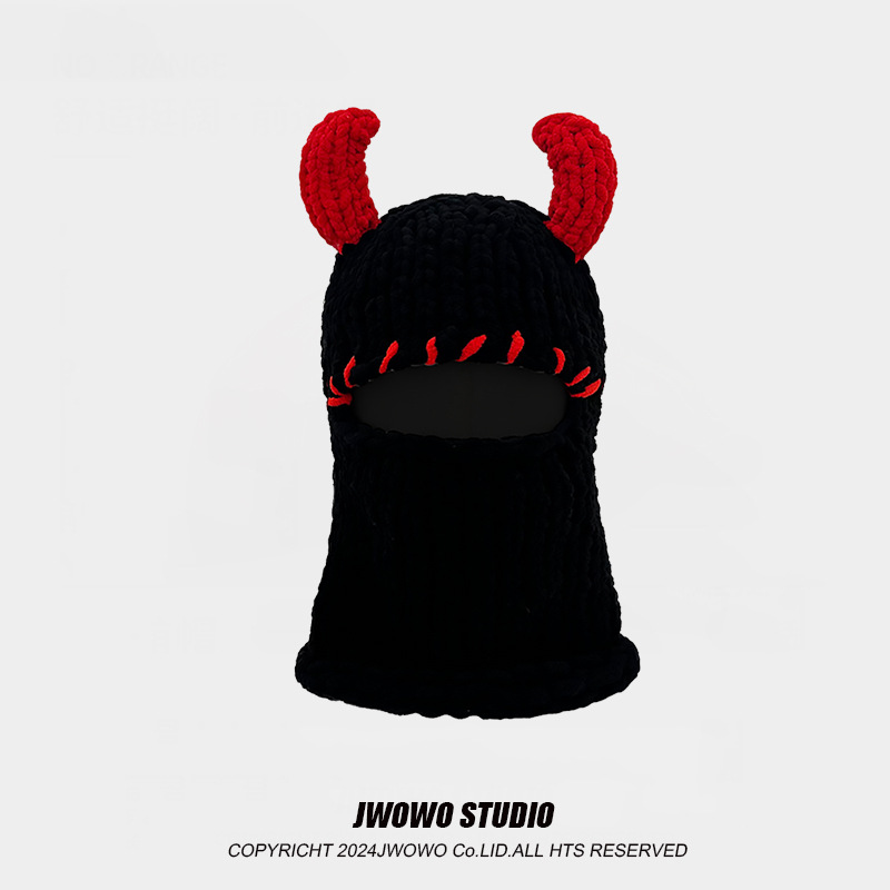 Little Devil Horns Smešna maska Pulover Kapa Moška in ženska Jesenska in zimska topla zaščita za ušesa Integrirana kapa Debela volnena pletena kapa_voghion.com