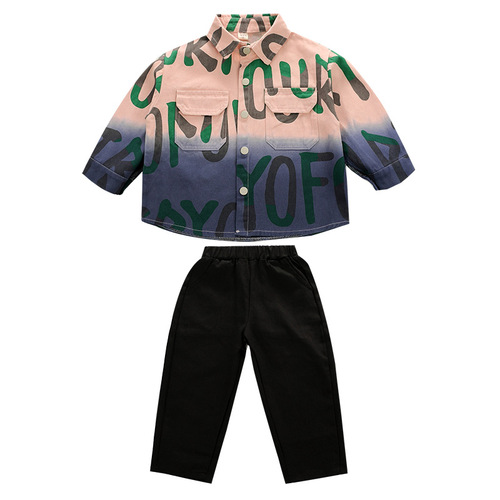 Boys' Large Letter Gradient Shirt Set 2024 Spring and Autumn New Korean Style Cool Baby Boys' Foreign Trade Children's Clothing