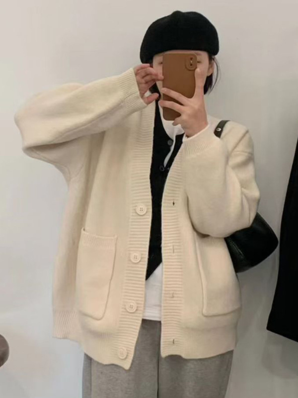 2025秋冬新款韩版V领纯色毛衣外套女宽松百搭休闲慵懒风针织开衫|undefined