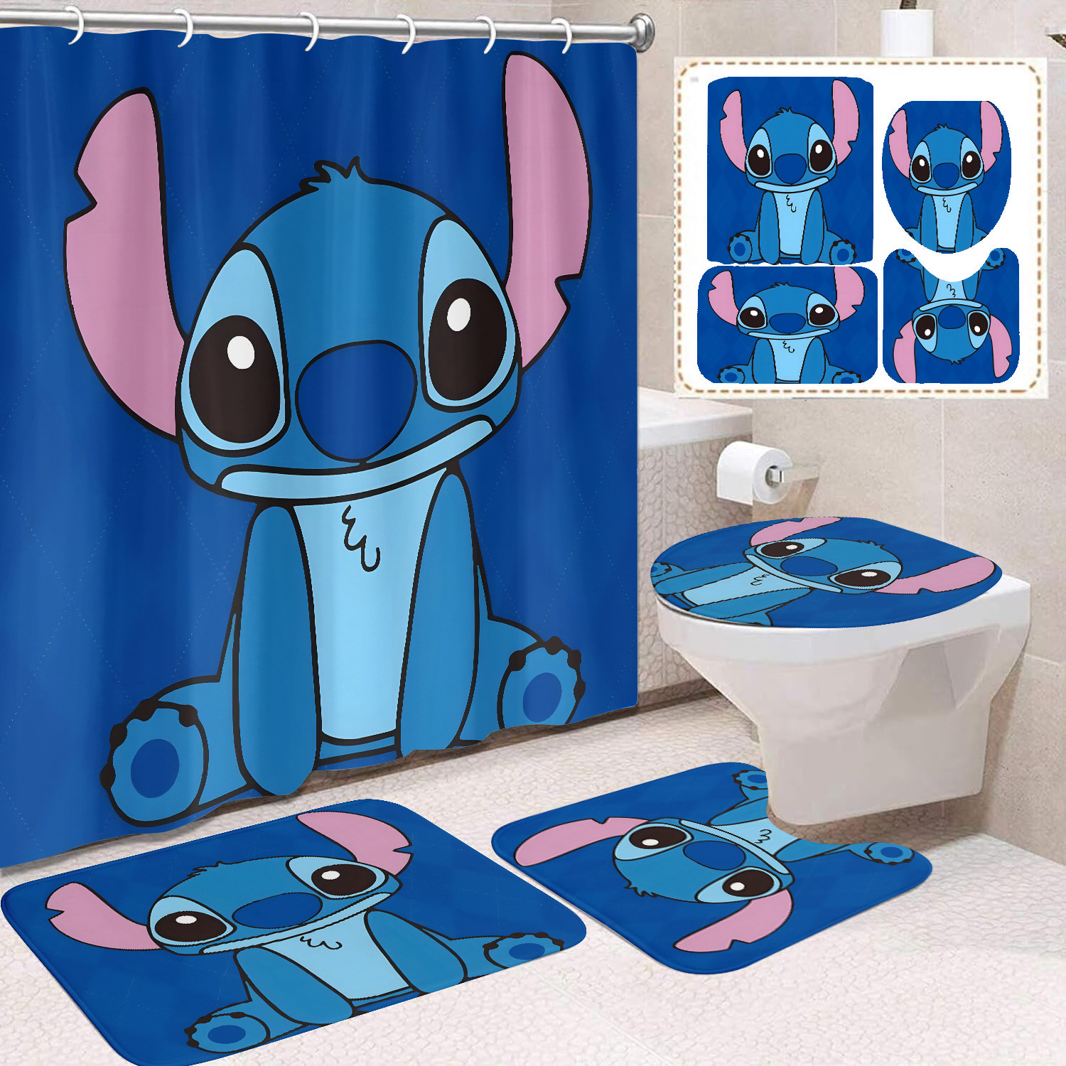 Venta directa de fábrica lindo baño de dibujos animados de cuatro piezas cortina de ducha impermeable cortina de ducha sin perforación cortina de partición de baño de baño