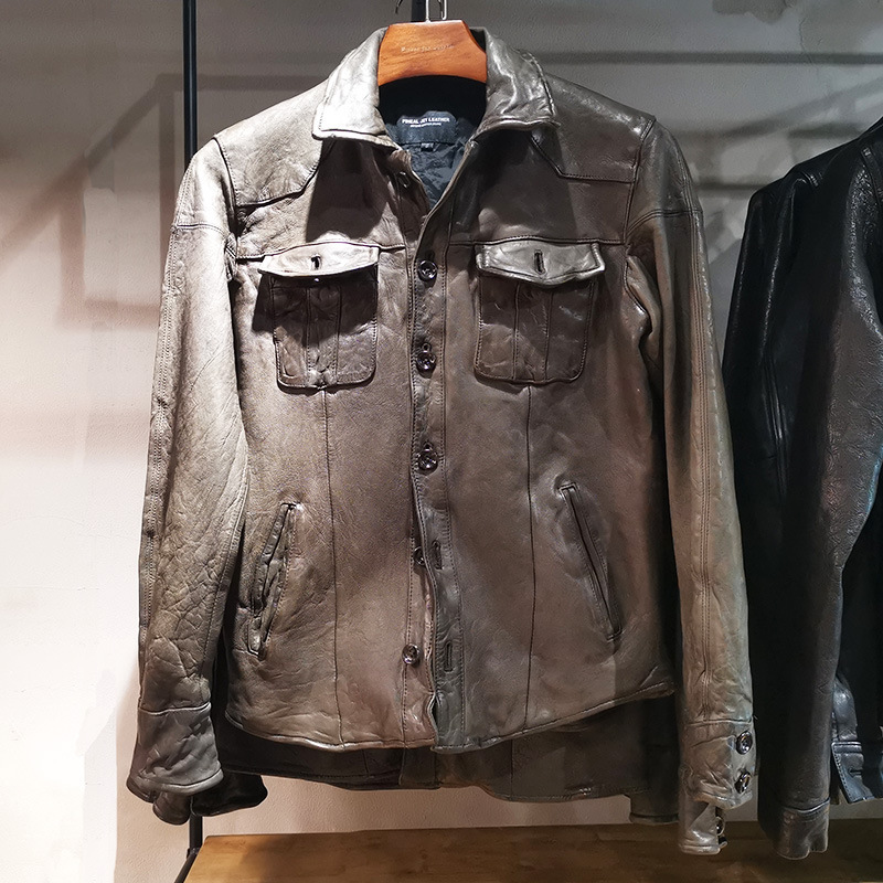 Spring and Autumn Pleated Genuine Leather Shirt for Men, European and American Fashion, Urban Style, Heavy Wash, Full Vegetable-Tanned Sheepskin Shirt Collar Leather Jacket Spring and Autumn Pleated Genuine Leather Shirt for Men, European and American Fashion, Urban Style, Heavy Wash, Full Vegetable-Tanned Sheepskin Shirt Collar Leather Jacket