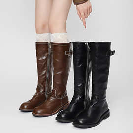水洗牛皮~长筒靴女秋冬小个子复古长靴厚底显瘦高筒靴加宽骑士靴