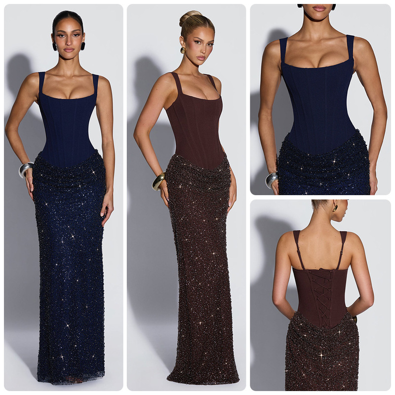 Fishbone corset sequin strap long dress with square neckline, back tie, waist-cinching, bodycon, long formal evening gown Fishbone corset sequin strap long dress with square neckline, back tie, waist-cinching, bodycon, long formal evening gown