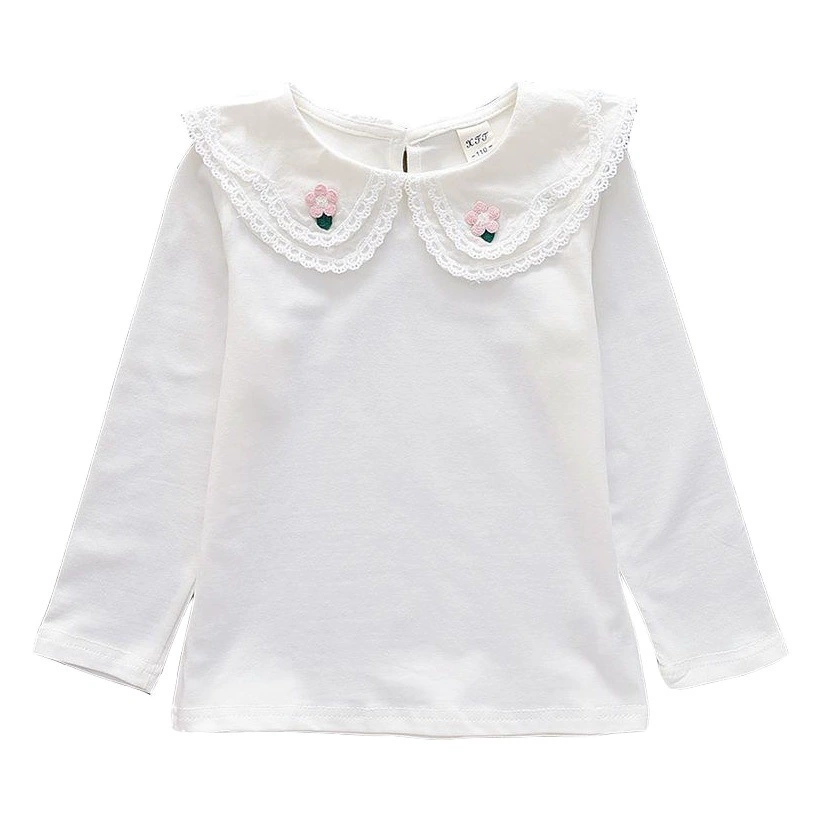Детская белая рубашка с кружевным воротником, длинный рукав, осенняя одежда, пуловер для девочек, топ-блузка для малышей