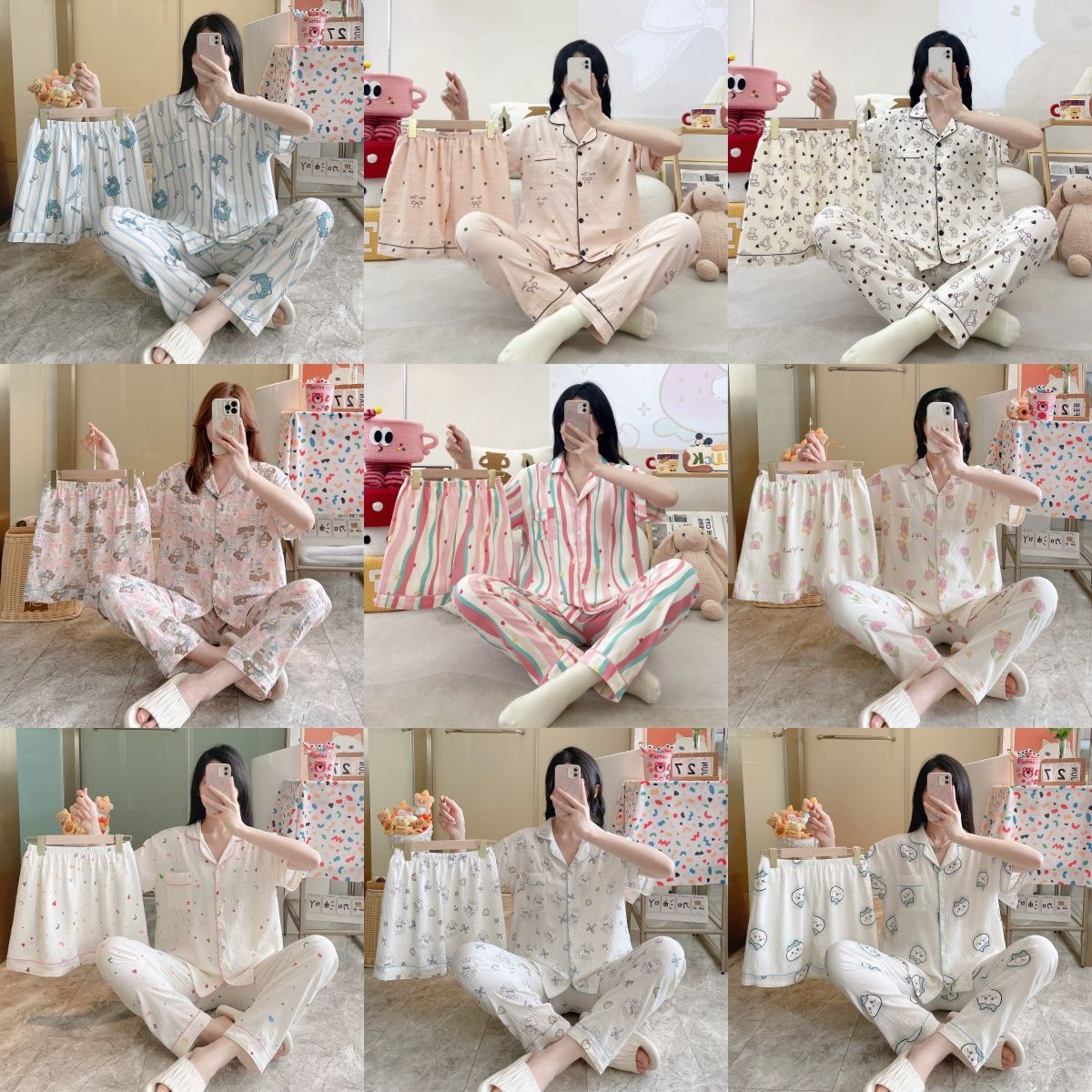 Empaquetado fuera de una sola nube pijamas de algodón de tres piezas para mujer verano dulce pantalones cortos de manga corta ropa de dibujos animados para el hogar