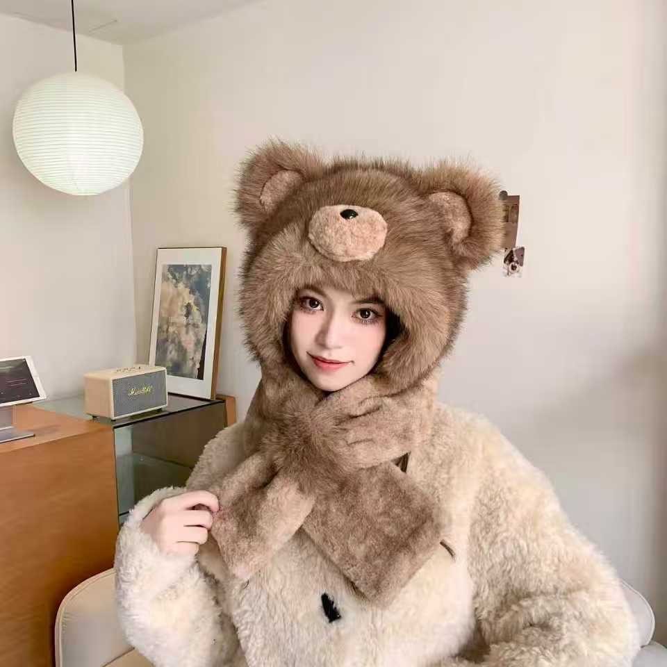 小熊帽子秋冬女围巾手套一体连帽冬季围脖可爱保暖毛绒冬天二件套