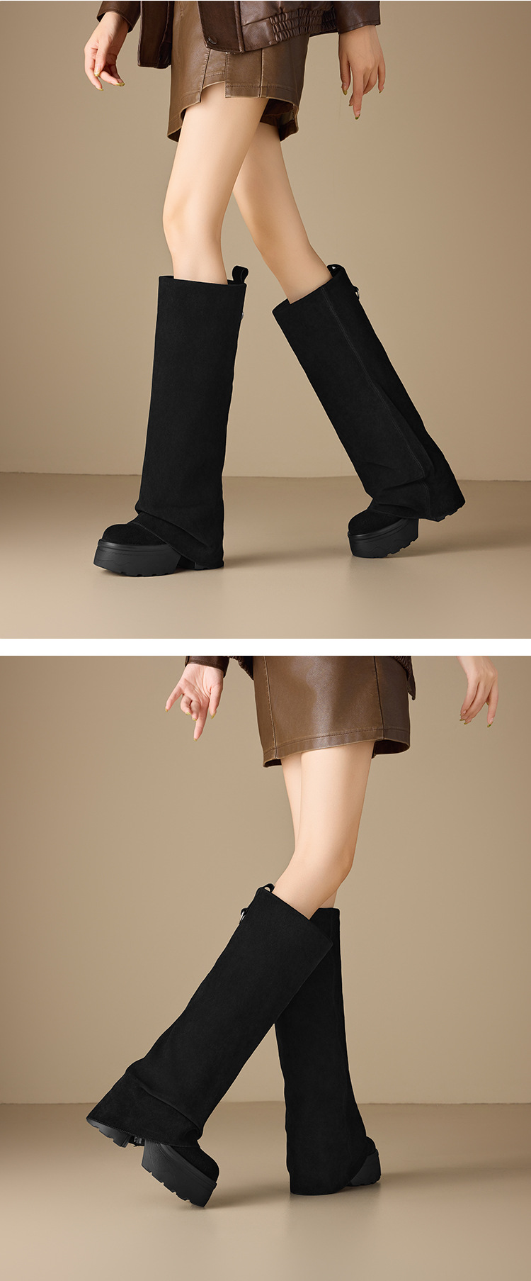 Boot nữ cổ cao ôm bắp chân đế dày gót 12 cm, kiểu hiệp sĩ, hai mặc mùa thu đông — nhung nâu chi tiết 4