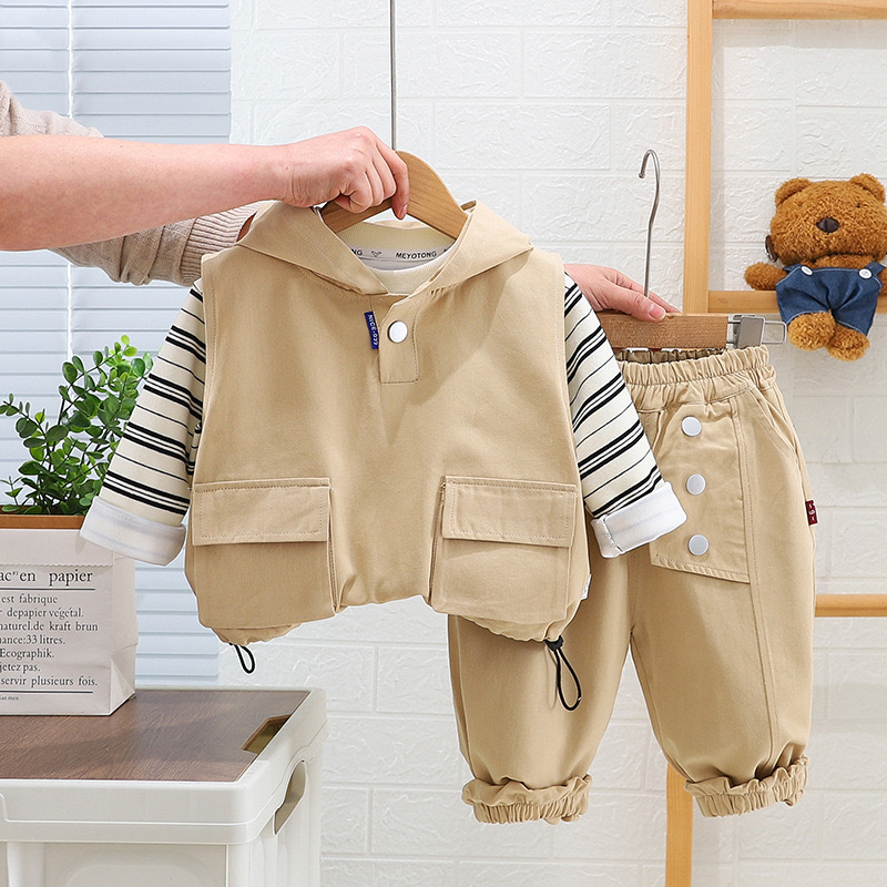 Boys Spring Suit 2024 New Baby Spring and Autum Style Hooded Workwear Three-Piece Set Baby Kids Suit Trendy