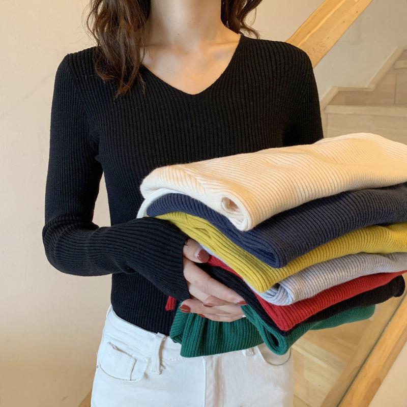 Autumn and Winter Explosions V-neck Large Size Pullover Sweater Base Shirt Women's Chanel Style All-match Solid Color Slim-fit Tight Sweater Autumn and Winter Explosions V-neck Large Size Pullover Sweater Base Shirt Women's Chanel Style All-match Solid Color Slim-fit Tight Sweater