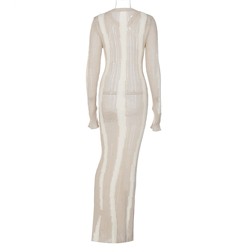 Autumn Super Dress Sexy Solid Color See through Micro Pull Long Sleeve Comfortable Woolen Dress for Women