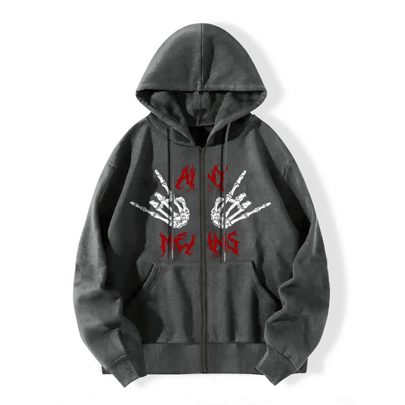 Front Print Long Sleeve Zipper Sweatshirt Autumn Winter Casual Top Drawstring Fashion Hoodie_voghion.com