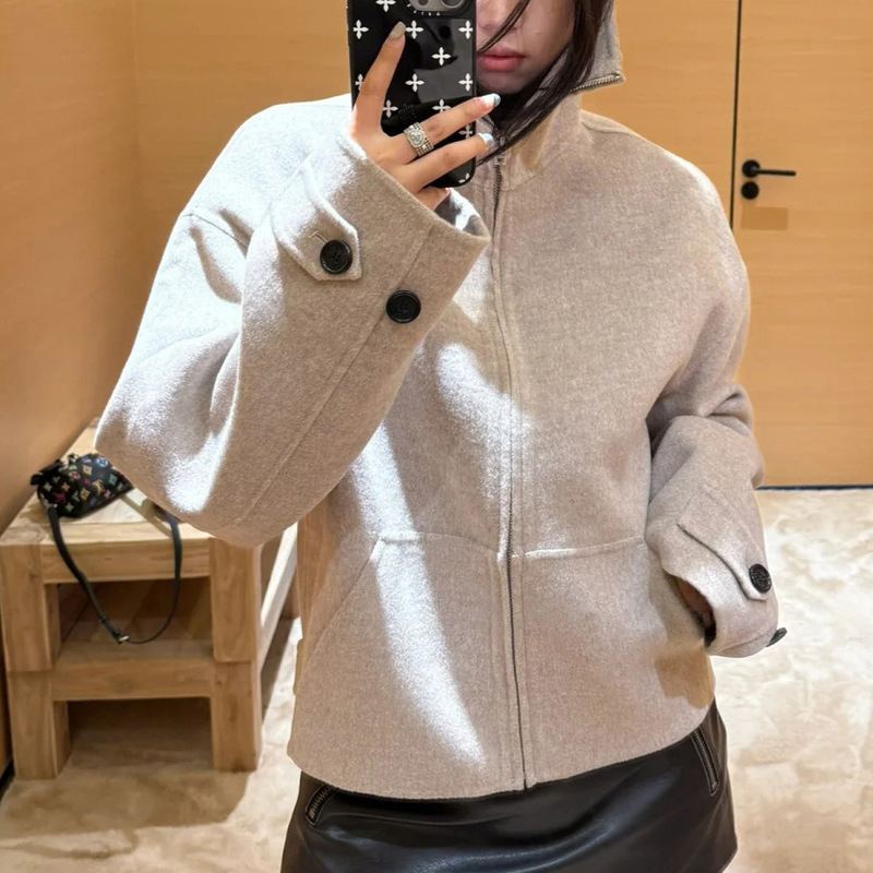 Ac26 Autumn and Winter New Wool Blend Zipper High-Neck Double-Sided Jacket Loose Unisex Double-Sided Nylon Short Coat Ac26 Autumn and Winter New Wool Blend Zipper High-Neck Double-Sided Jacket Loose Unisex Double-Sided Nylon Short Coat