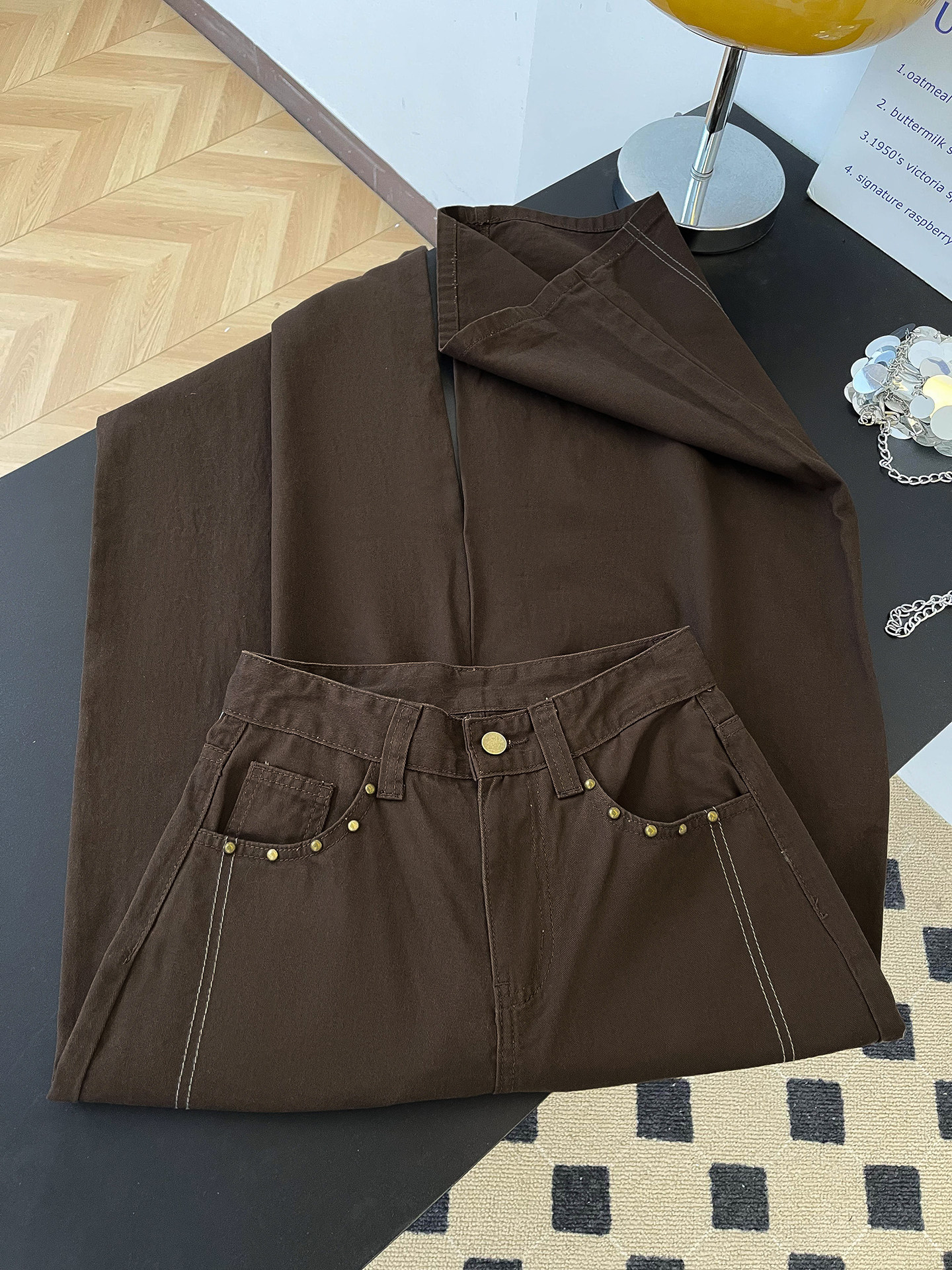 Women's High-Waisted Slimming Wide Leg Trousers Brown Rhinestone Patchwork Casual Denim Jeans Pocket Detail Retro American Style Spring Fashion_ecoleips.com