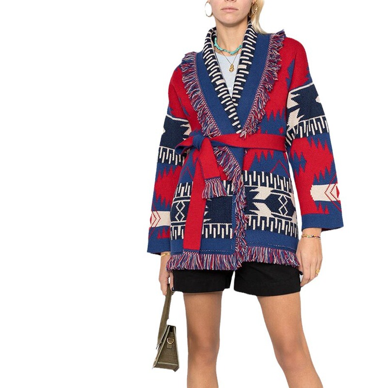 Foreign trade cross-border niche Bohemian ethnic style cardigan sweater retro contrast color jacquard mid-length tassel coat