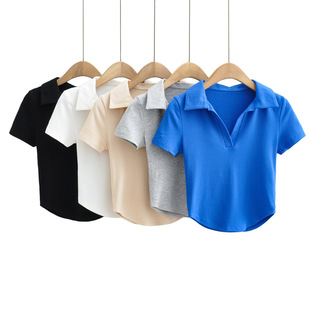 Collar Shirt Short Sleeve Women's Cropped T-Shirt Crop T�Z��