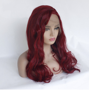 Peluca europea y americana, cabello rizado rojo, fibra química, encaje delantero, gancho de media mano, casco, cabello largo y rizado LW0115