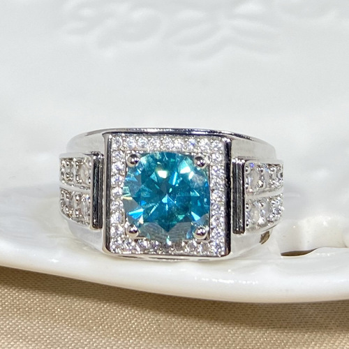 Luxurious open-plated PT950 platinum eight hearts and eight arrows blue-green zircon moissanite full diamond men's ring