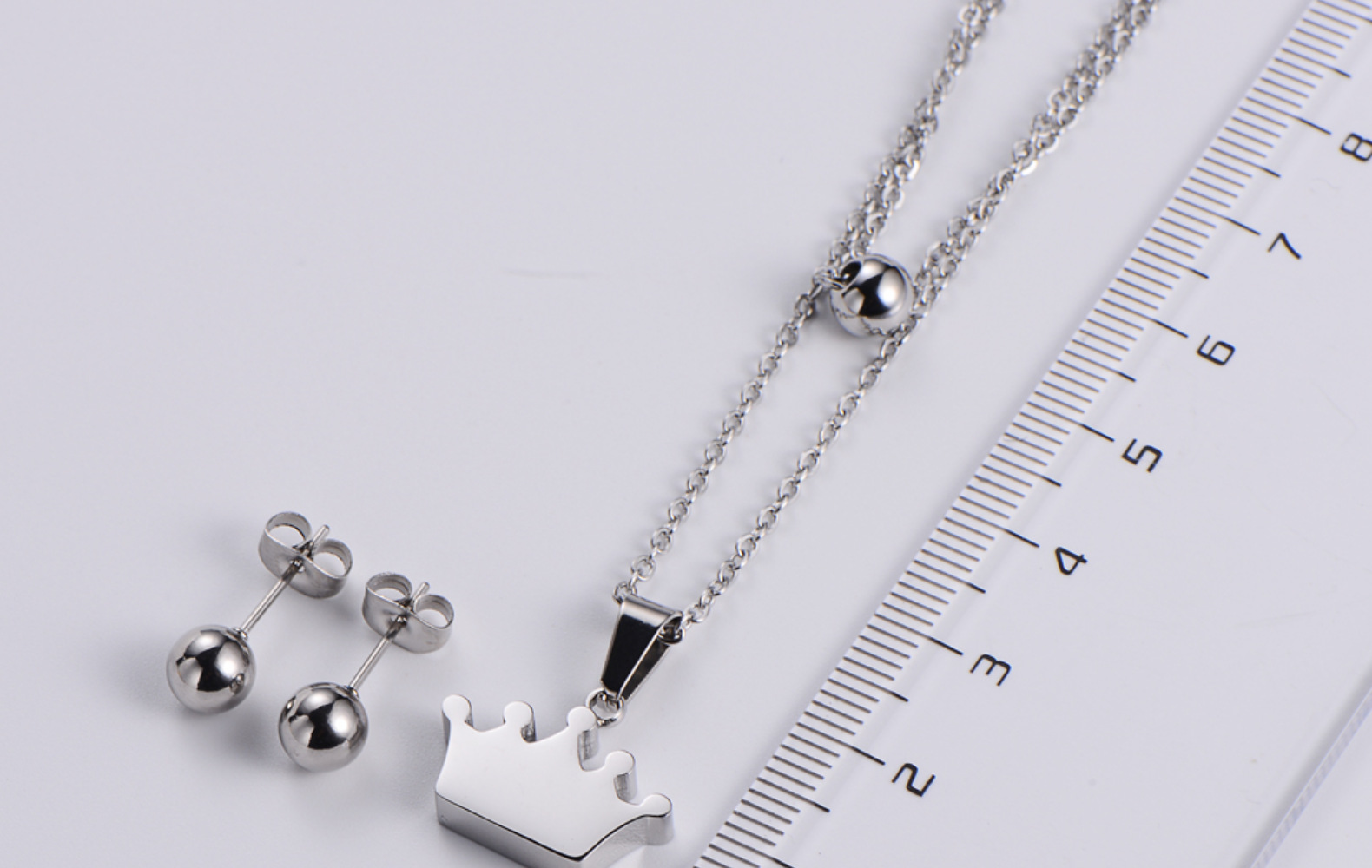 Glossy Crown Pendant Double Chain Necklace Round Bead Earrings Three-piece Wholesale Nihaojewelry display picture 11