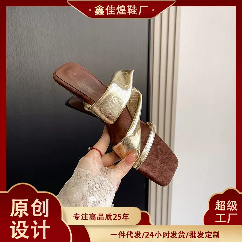 2504-1 网红爆款法式复古绊带半拖凉鞋女高跟异型跟外穿度假沙滩