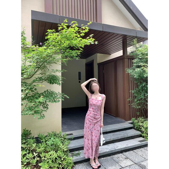 Pink Tea Break French Floral Sling dress Women's Summer New Fashionable Vacation Style Waisted Beautiful Long Dress
