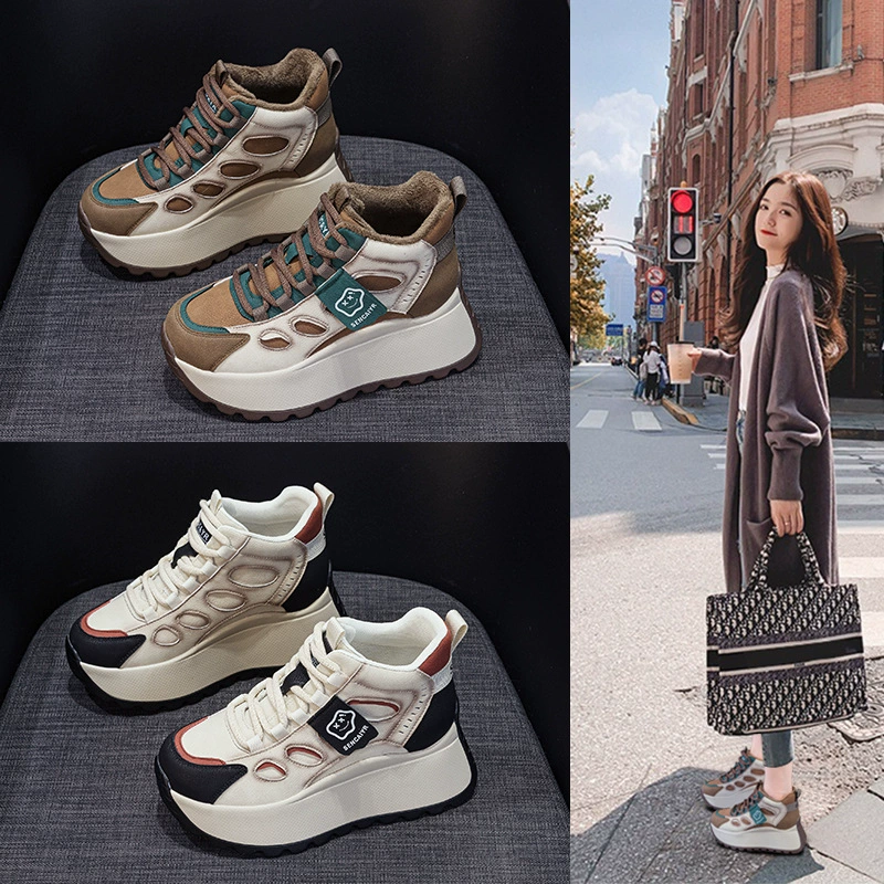 Женские кроссовки на платформе, новинка 2025 года, модные высокие кеды на флисовой подкладке, универсальные повседневные туфли для миниатюрных женщин.