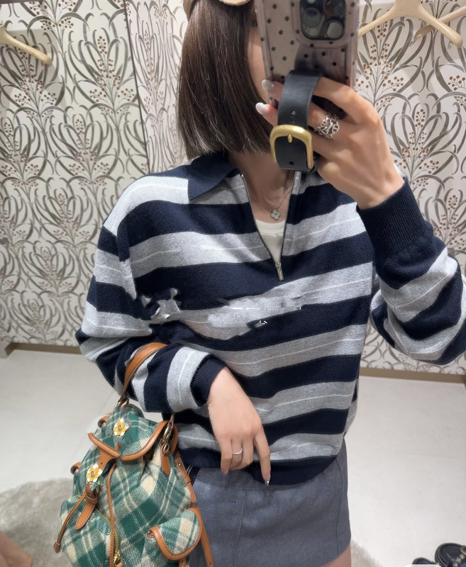 25早秋新款美拉德色系撞色条纹字母Polo衫针织长袖女慵懒风|undefined