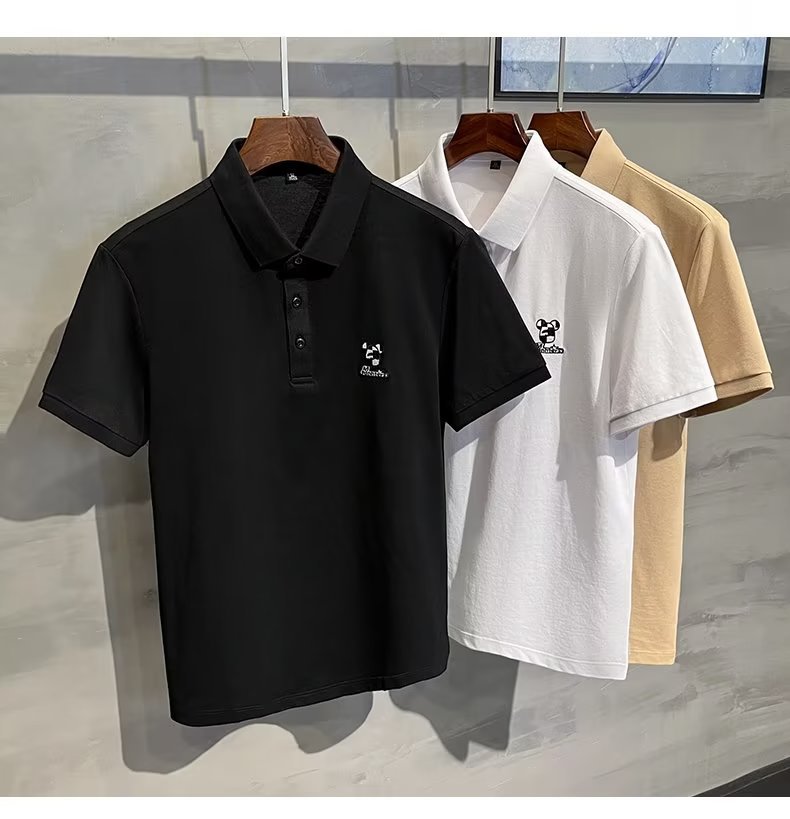 2024 Summer Thin Pearl Mesh Bear Embroidered Back Letter Print Slim Fit Elastic Polo Short Sleeves_voghion.com