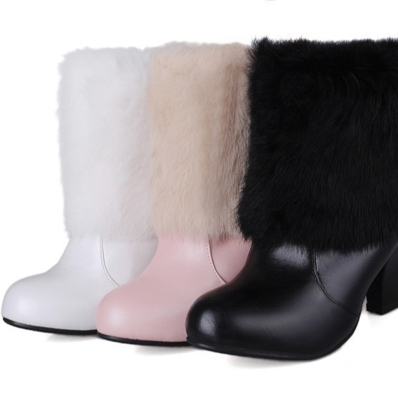 2024秋冬季欧美兔毛粗跟短靴女毛毛靴大码40-43外贸跨境成都