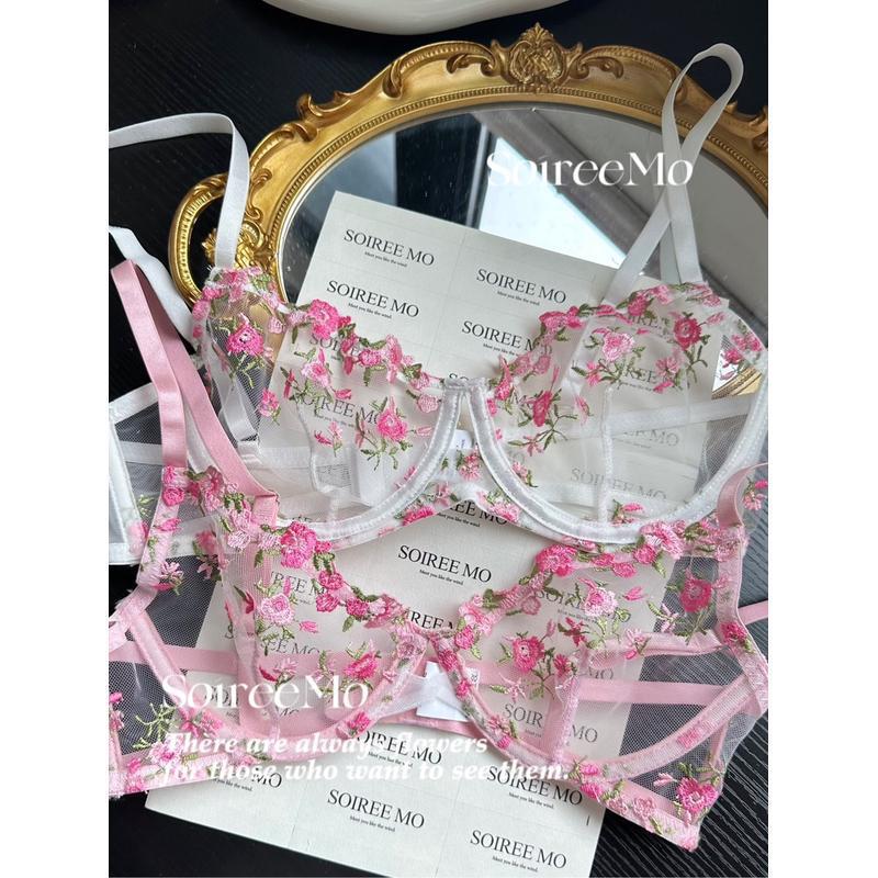Verano super hermoso bordado dulce sexy malla sujetador conjunto de flores frescas de la niña pura ropa interior de la mujer