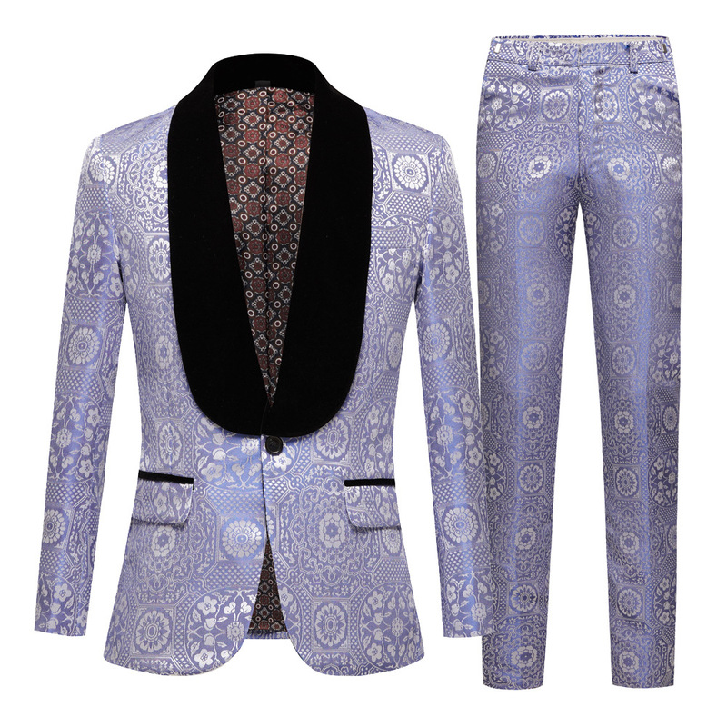 Men's jazz dance blazer sets choir chorus singer host stage performance dress suits blue pink jacquard barber groomsman wedding party stage performance suit set for male