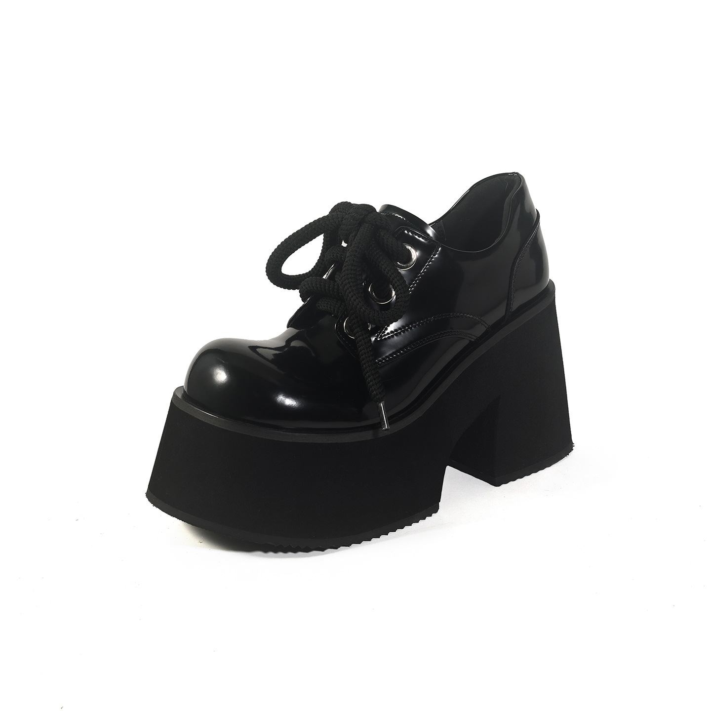 Giày loafer nữ gót vuông 10 cm đế platform dây buộc mũi sâu — màu đen