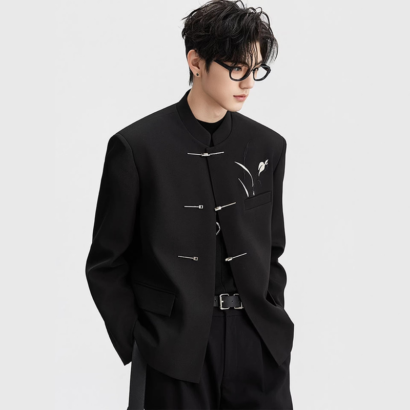 Stand-Collar Suit for Men, Black Dark-Patterned Tang Suit Jacket, Wedding Groom's Traditional Chinese Dress, Embroidered Casual New Chinese-Style Suit