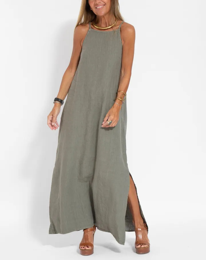 Women's Clothing Fashion Casual Cotton Linen Slit Suspender Dress_ecoleips.com