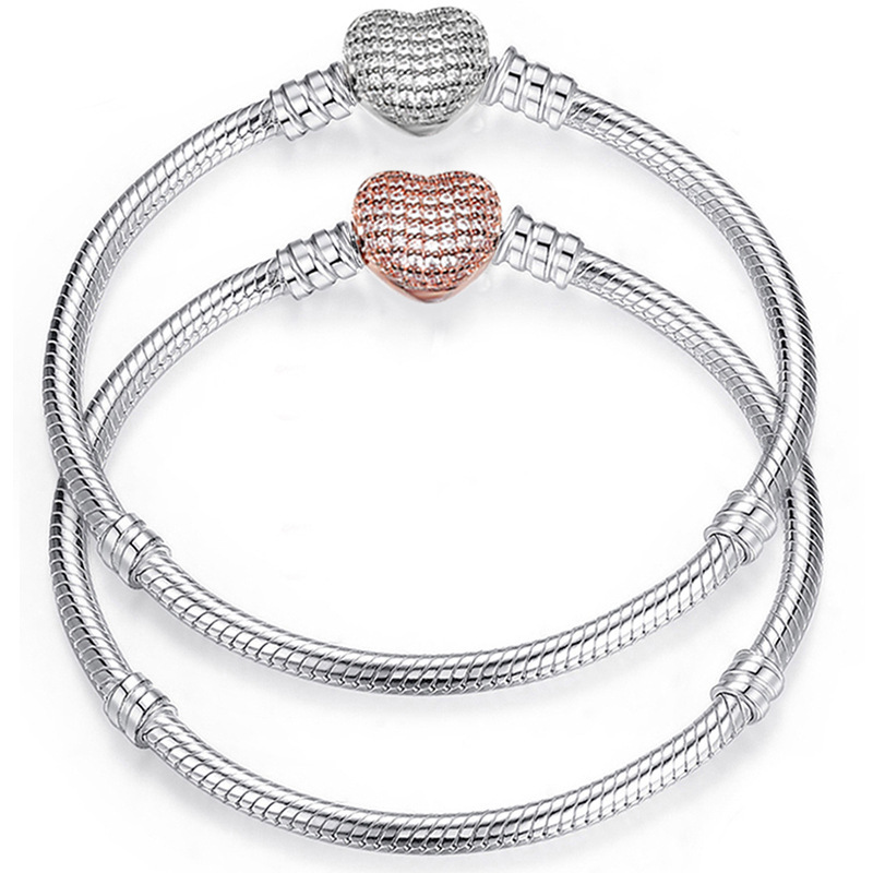 European and American Hot-Selling Sparkling Basic Chain Heart-Shaped Micro-Buckle Color-Preserving Snake Bone Bracelet Bare Chain Girls Jewelry Manufacturer Direct Sales